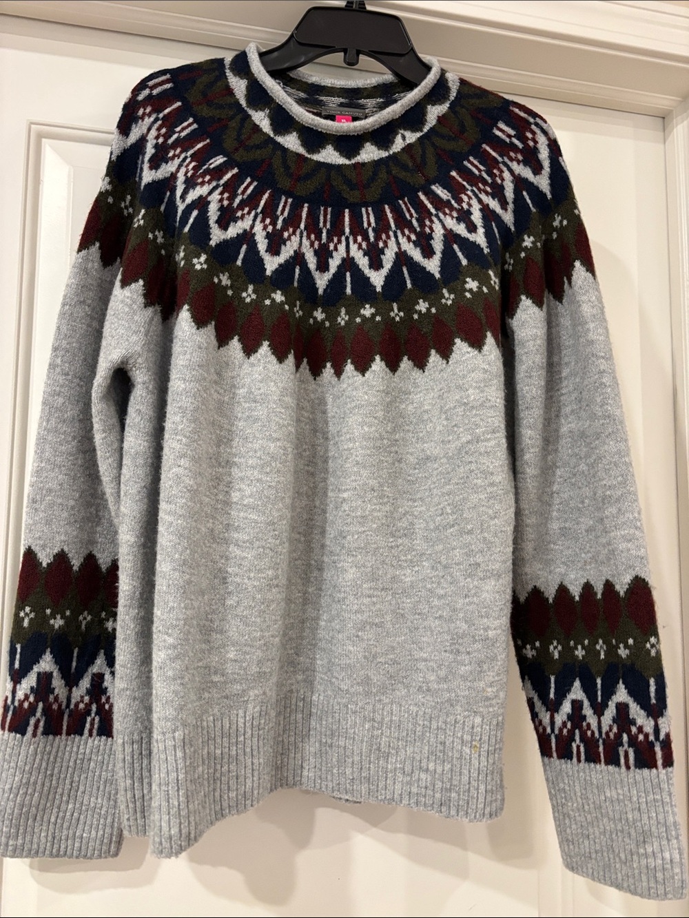 Vince Camuto Grey Crewneck Sweater with Multicolor Fair Isle Yoke. XL
